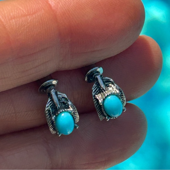 Silver and faux Turquoise Feather Earrings - Picture 2 of 5